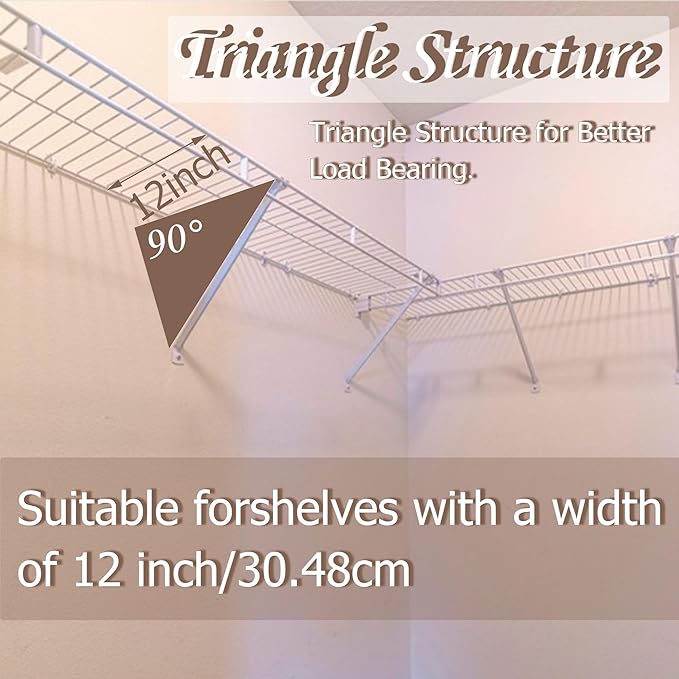 6PCS 12 Inch Wire Shelf Brackets, Heavy Duty Wire Shelving Support Brackets, Closet Rack Support with 4 PCS Wire Shelf Clips, Closet Wire Shelf Support Brackets for Laundry, Closet, Garage