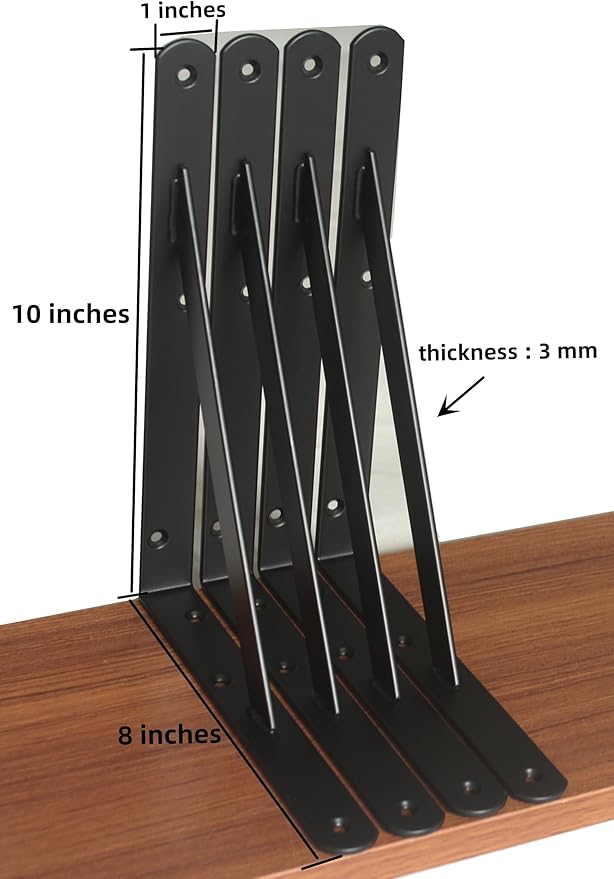 2 Pack L10 x H 8" Black Heavy Duty Shelf Brackets with Screws Metal Shelf Brackets Shelf Support Angle Brackets for Shelves L Brackets Heavy Duty Floating Shelf