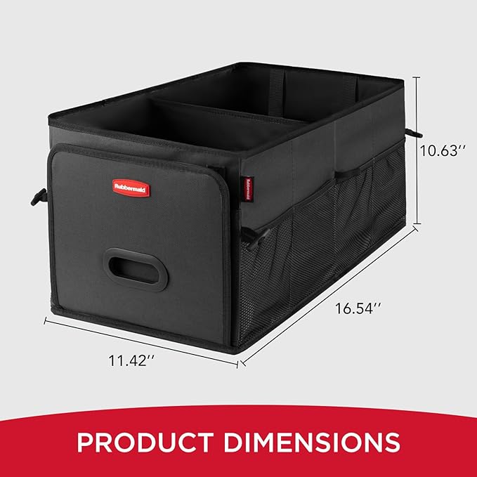 Rubbermaid Car Organizer, Collapsible Trunk Organizer, Multi-Compartment Car Storage Organization for Car Accessories, 2 Compartments-Black