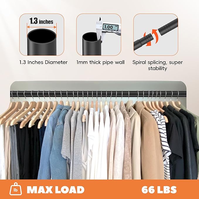 Closet Rod 50-99 Inches, Adjustable Heavy Duty Metal Black Closet Rods for Hanging Clothes 1.3 Inches Diameter for Wardrobes Laundry