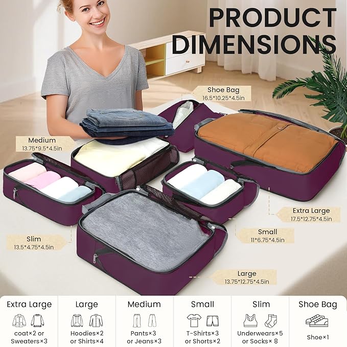 BAGAIL 4 Set/6 Set/8 Set Compression Packing Cubes Travel Accessories Expandable Packing Organizers (Half Mesh, 6-Burgundy)