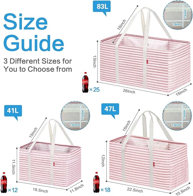 LHZK 2 Pack Utility Tote Bag with Metal Wire Frame and the Sides Rinforced, Large Tote Bag with Handle, Reusable Grocery Bags Foldable, Beach Bag, Car Tote (Pink, 18.5''x11.8''x11.5'')