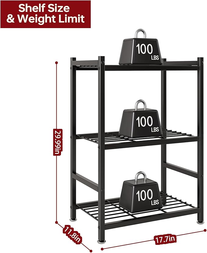 Small Storage Shelves, 3-Tier Metal Shelving Unit with Adjustable Feet, Compact Shelf Organizer for Garage, Kitchen, Pantry and Closet Organization, 17.7" x 11.8" x 29.9",Black