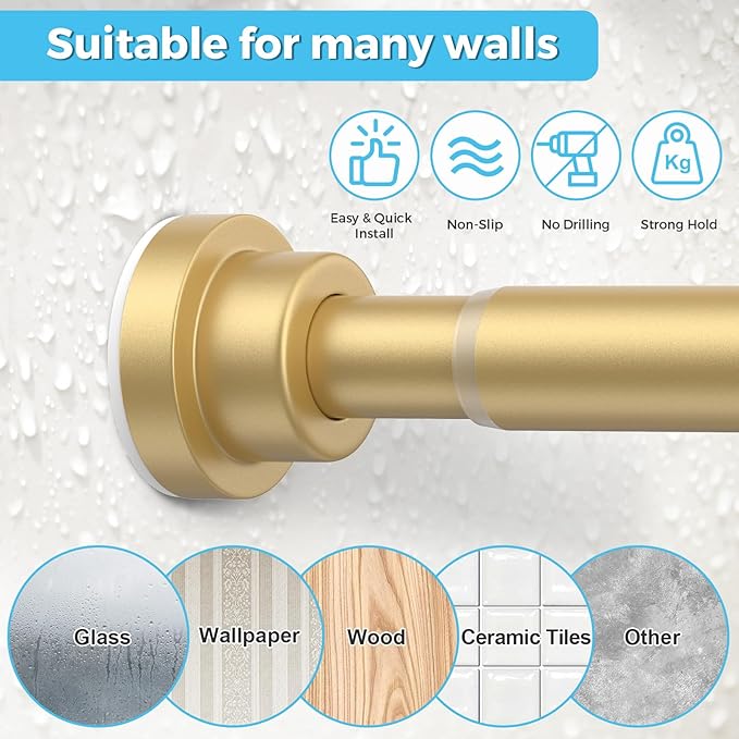 Tension Curtain Rod 30 To 49 Inch Gold Tension Rods Adjustable Spring Loaded Curtain Rods 7/8" No Drilling Tension Rods For Windows Bedroom Closet Doorway Door