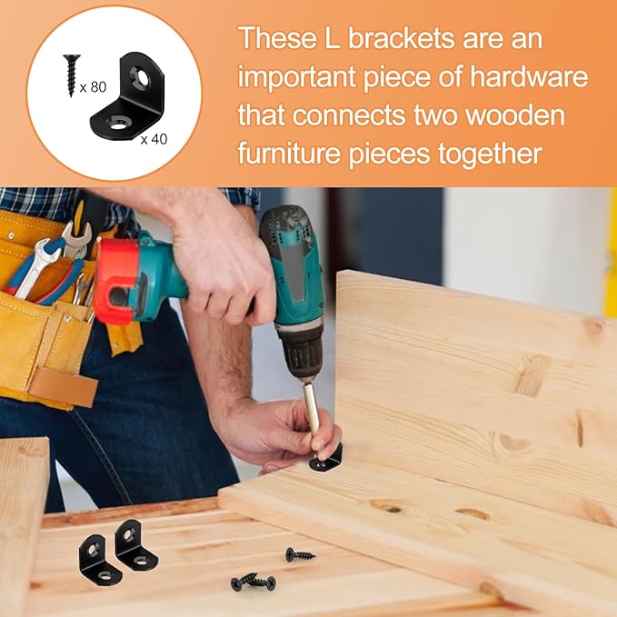 40 Pcs L Bracket Stainless Steel Corner Brace Sets, 90 Degree Right Angle Brackets with 80 Pcs Screws, L Bracket Firmware for Wooden Shelves, Chairs, Tables, Dressers, Furniture (Black)
