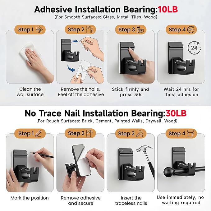 Universal Heavy Duty Curtain Rod Brackets, No Drill Curtain Rod Brackets with Adhesive & Invisible Nail, 30+LB Load Curtain Rod Holders, Damage Free Curtain Rod Hooks for Wall, Bathroom, Kitchen 8PC