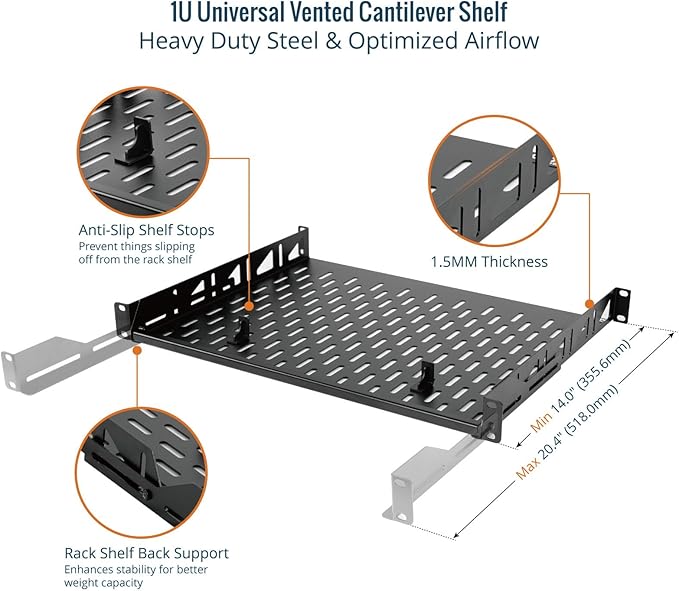 Tecmojo 1U Rack Shelf, 19 inch Depth, Anti-Slip Stops, Server & Network Shelf for 19 in Equipments, 110lbs Vented Capacity, No Lip (2 Pack)