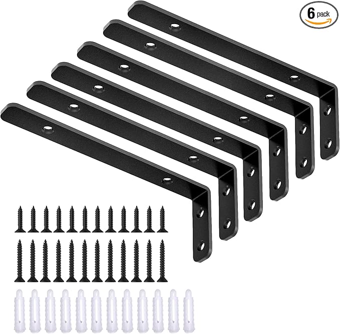 LSK 6PCS L Bracket, 6"×2"(150×50mm) Shelf Support Corner Bracket for Wooden Board, Max Load : 42lb, Black