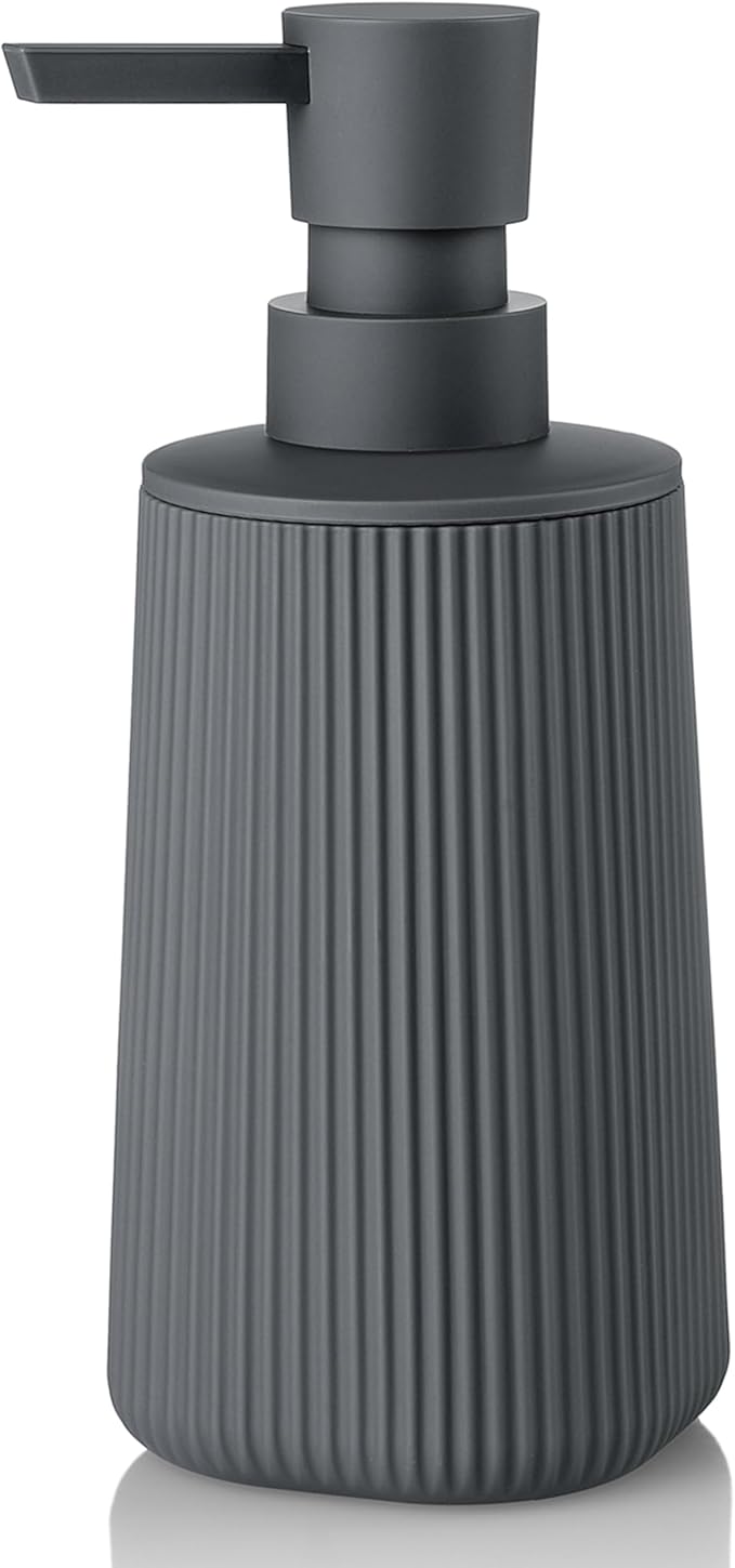 Small Soap Dispenser for Bathroom and Kitchen, Modern Farmhouse Striped Style Plastic Hand Soap Dish Soap Dispenser with Pump Matte Dark Gray