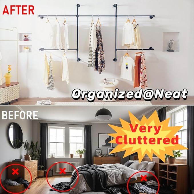 Homeyeeng Industrial Pipe Clothes Rack Wall Mounted Clothing Rack,Heavy Duty Iron Pipe Garment Rods,Detachable Multi-Purpose Clothing Hanging Rod/Garment Bar, Black