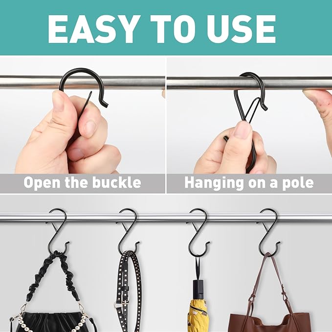 Navona 60 Pcs S Hooks for Hanging Heavy Duty, 3.5-inch Heavy Duty Metal S Hook with Safety Buckle, Suitable for 0.5 inch Rods, S Hook for Hanging Plants, Closet, Kitchen Utensil, Pot, Pan, Bags