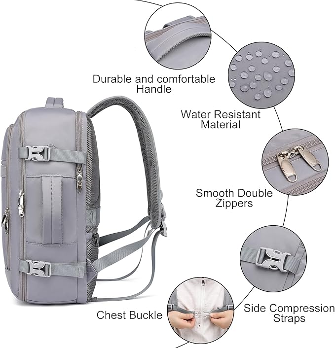 EZUOLA Personal Item Travel Backpack for Men Women,Carry On Backpack with Shoe Pouch, TSA 15.6inch Laptop Mochila Flight Approved,College Teacher Bag Casual Daypack for Hiking Outdoor Weekend,Grey