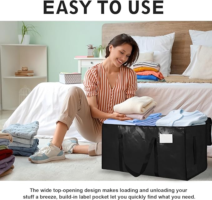 4 Pack-Extra Large Heavy Duty Moving Bags - Waterproof Storage Totes with Handles & Zippers, Foldable for College Dorm, Storage (Black)