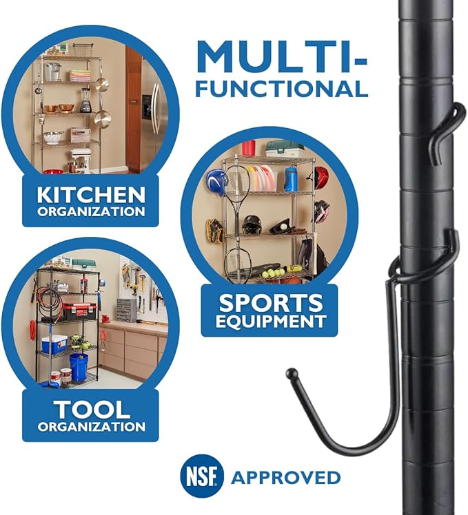 Shelf Pole Hooks | 5-Pack Black 1" J Hooks | Snap-On Hanging Hooks for Wire, Metal & Metro Shelving | Heavy Duty Garage, Workshop, Basement & Pantry Storage Hooks