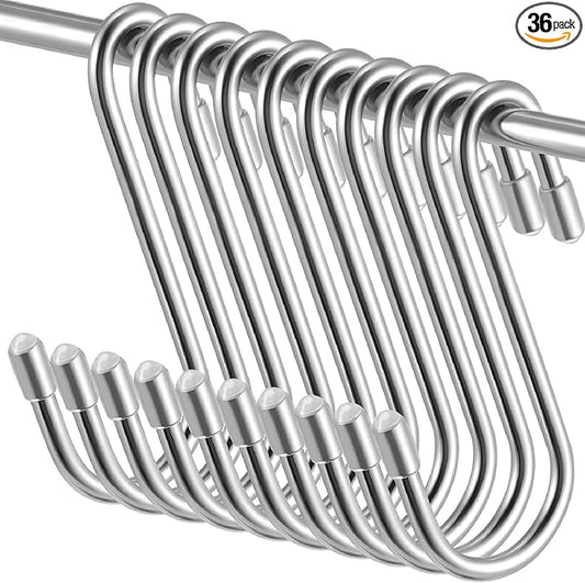 Hotop 36 Pcs Silver S Hooks for Hanging 2.4 Inch Heavy Duty S Shaped Hook Rack Metal Non Slip Hanger for Christmas Tree Stocking Kitchen Pot Utensils Closet Wire Bathroom Bedroom Pan Bag Towel Plant