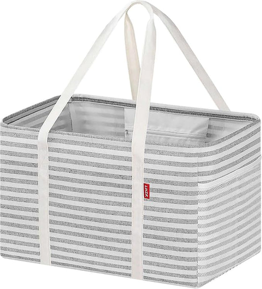 LHZK Standing Utility Tote Bag with Metal Wire Frame and the Sides Rinforced, Large Tote Bag with Handle, Reusable Grocery Bags Foldable, Beach Bag, Car Tote (Gray, 18.5''x11.8''x11.5'') | Metal Wire Frame