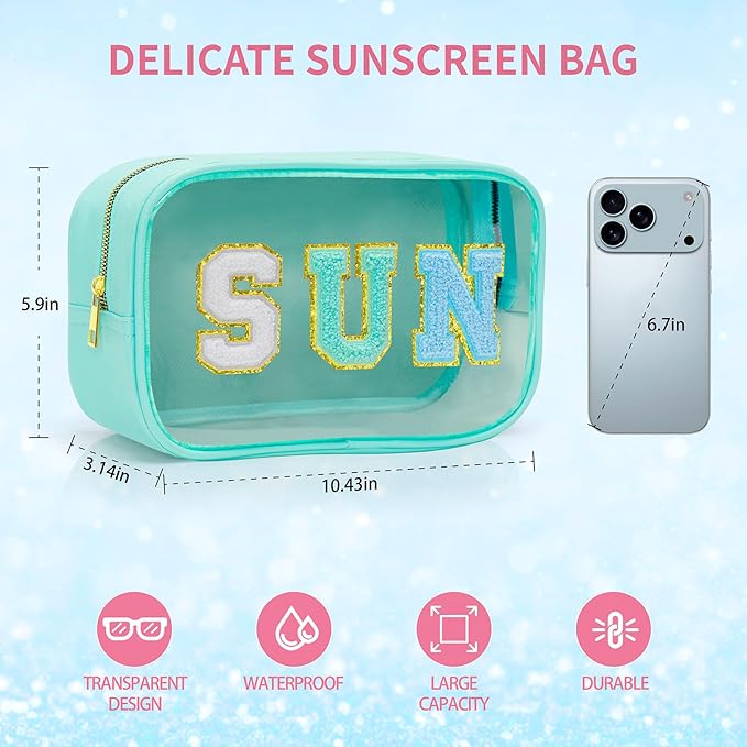 Mothers Day Teacher Appreciation Gifts Clear Sunscreen Bag Pouch for Beach Bag, Personalized Waterproof Sun Makeup Bag For Pool,Beach Toiletry Cosmetic Bag Preppy Beach Summer Vacation Essentials Bag