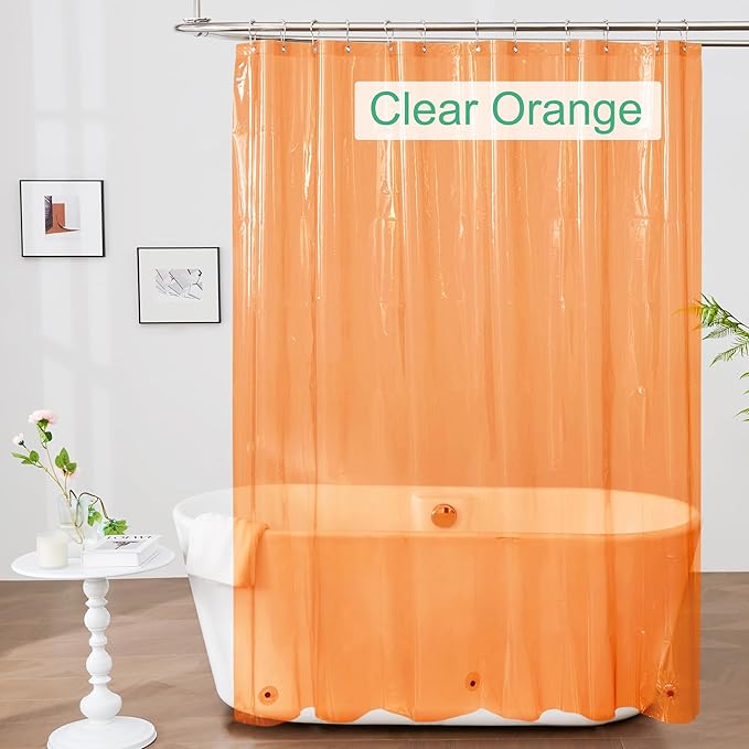 Mrs Awesome Clear Orange Shower Curtain Liner with 3 Magnets, 72x72 Premium Flexible Sturdy Plastic Shower Curtain for Bathroom Lightweight & Waterproof, Clear Orange