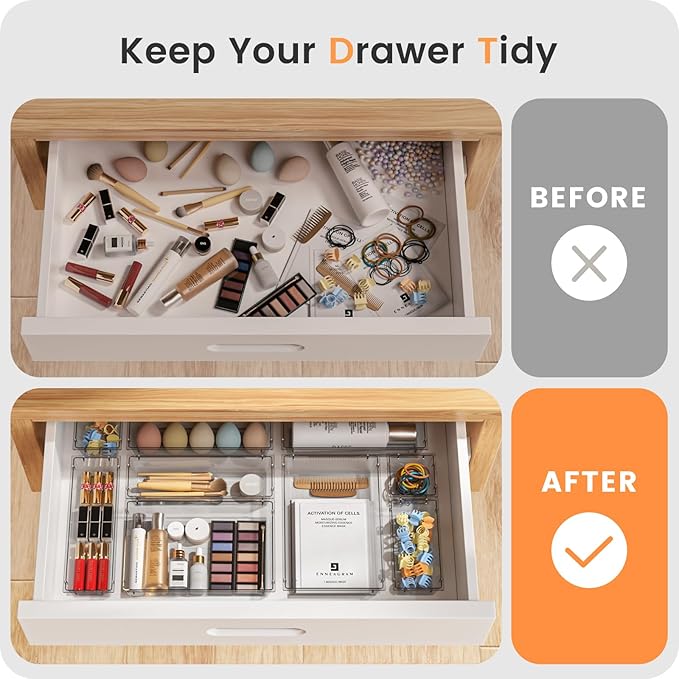 【28pcs】 【5size】 Drawer Organizer, Makeup organizer, 【Holds 177 Items】 Bathroom Organizers and Storage, Plastic Desk Organizer Divider, Organizer Bins(5size)(Transparent) A-LuGei