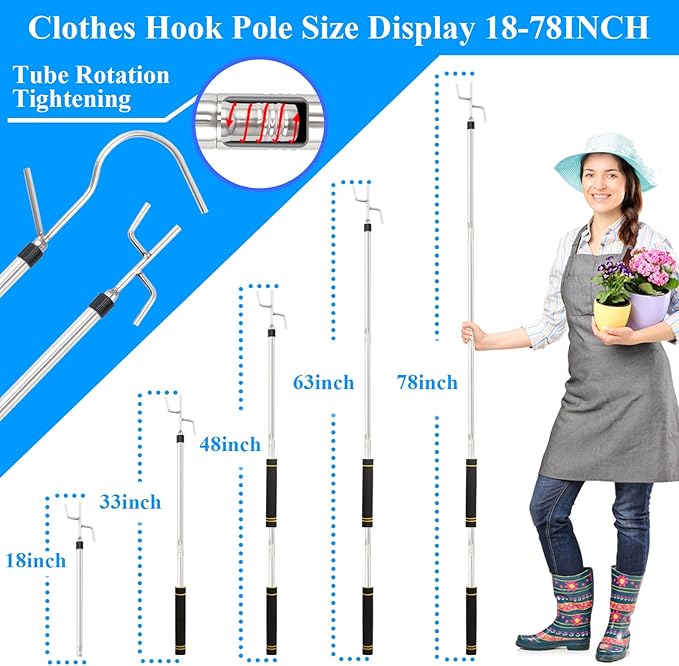 Clothes Hook Pole Heavy Duty,32 to 80In Retail Clothing Hook Pole Long Handle with 2 Hooks Hanging Birdfeeder Frosted Tube Extension Pole to Reach High Hangers for Turck (Silvery 80in)