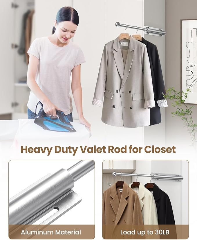 14" Valet Rod for Closet Pull Out, Retractable Slide Out Valet Rod Closet Organization, Aluminum Valet Clothing Hanger Rods Perfect for Suits, Dresses & Freshly Pressed Clothes, White
