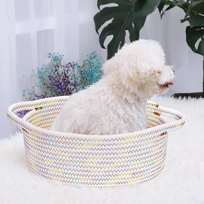 ABenkle Small Woven Basket, 12"x 8" x 5" Cute Small Basket, Rope Room Shelf Storage Basket, Cat Dog Toys Basket Chest Box, Empty Decorative Gift Basket with Handles - Colorful Thread