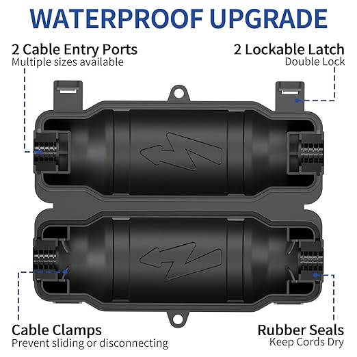 Outdoor Extension Cord Safety Cover with Waterproof Seal IP54 Water-Resistant, Weatherproof Electrical Connection Box with 2 Latches, Plug, Socket, Holiday Decoration Light, Black