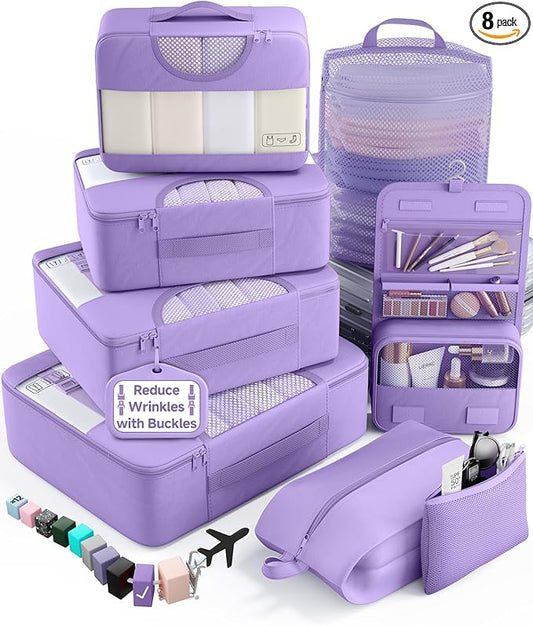 Veken 8 Set Packing Cubes for Travel Essentials, Suitcase Organizer Bags in 4 Sizes, Carry-On Luggage Accessories with Large Laundry & Shoes Bag, Must-Have for Airplane, Road Trip & Camping