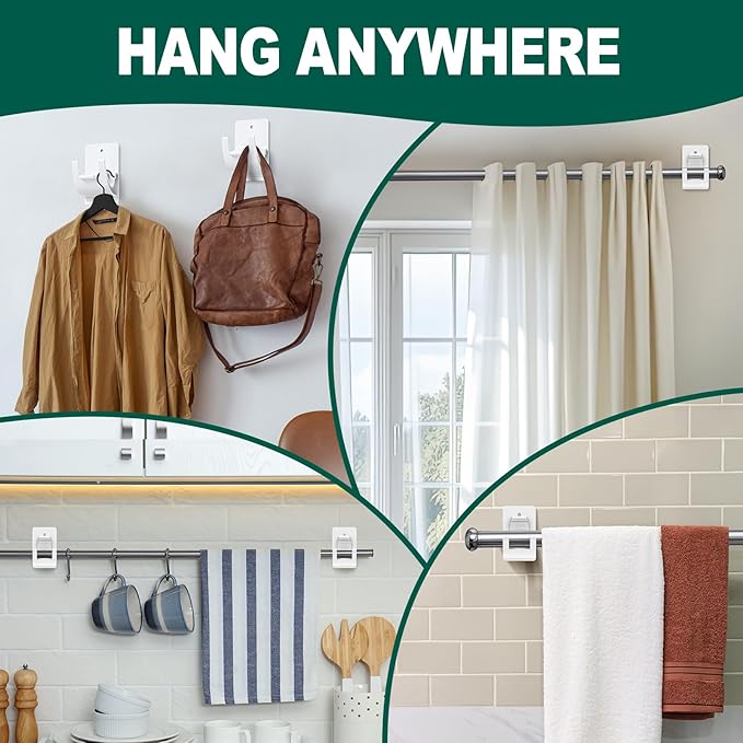 No Drill Curtain Rod Brackets, 6 PCS Self Adhesive Curtain Hooks 20lb, Nail Free Adjustable Curtain Rod Holders Rental Friendly for Apartment Farmhouse Classroom Decor Hanging Drapes