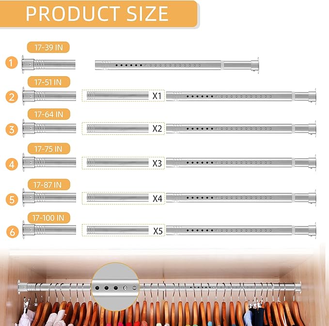 1.3 Inch Diameter Closet Rods for Hanging Clothes 17-87 Inch Adjustable, Metal Heavy Duty Closet Pole, Silver Closet Bar for Hanging Clothes, Suitable for Closet, Wardrobes, Bathroom, Windows