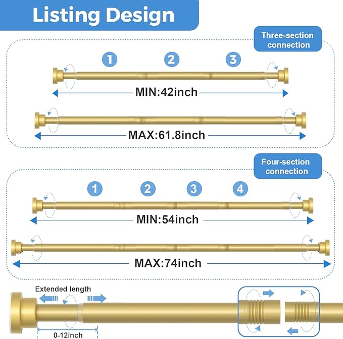 2Pack Shower Curtain Rod 45-77 Inch Gold Shower Rod Tension Rod Adjustable Curtain Rod No Drilling Tension Curtain Rod Shower Rods for Bathroom Tension Shower Curtain Rod