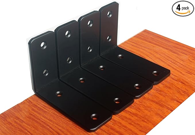 4 Pack - L 4" x H 3" x W1.5, 5mm Thick Black L Shelf Bracket, Iron Shelf Brackets, Metal Shelf Brackets, Floating Shelf, Shelf Supports with Screws