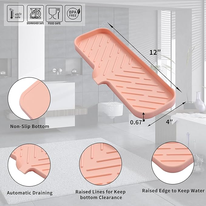 MicoYang Silicone Soap Dish with Drain Spout — Self-Draining Double Sink Organizer Tray for Kitchen & Bathroom, Dispensers, Sponges & Soap Holder, Non-Slip & Dishwasher Safe, Pink (Large, 12"×4")