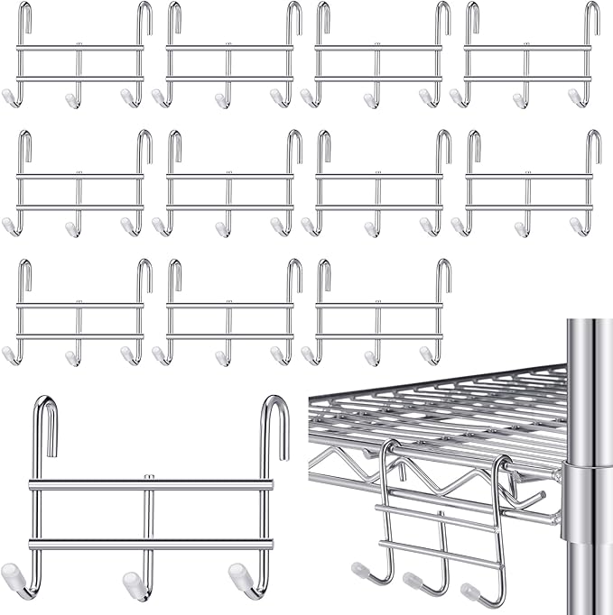 Teenyyou 12 Pack 3 Hook Attachment for Wire Shelving 3.75" l x 1.625" d x 3.25" h Wire Shelving Hooks Accessories Steel Hanging Rack Metal for Storage Organizer (Chrome)
