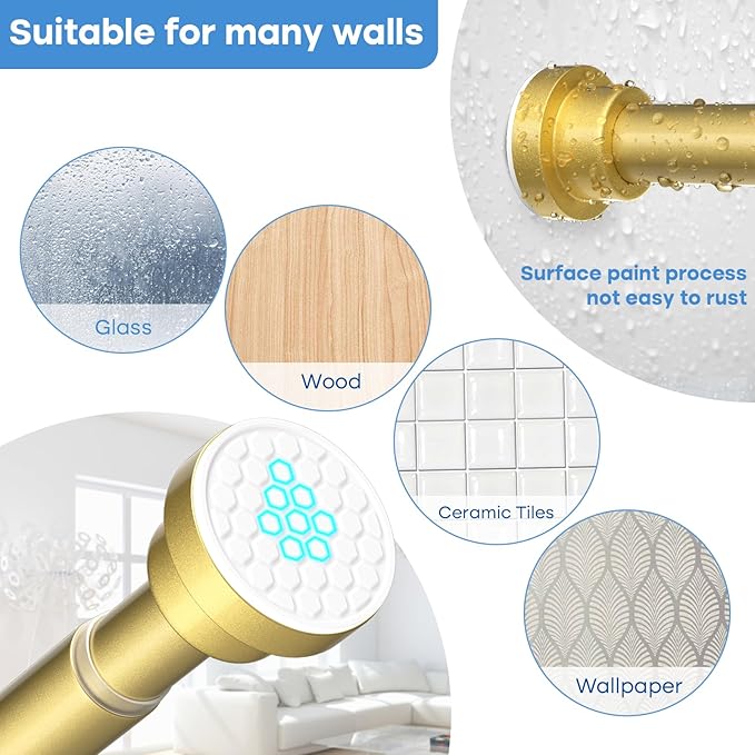 Shower Curtain Rod 45-77 Inch Gold Shower Rod Tension Rod Adjustable Curtain Rod No Drilling Tension Curtain Rod Shower Rods for Bathroom Tension Shower Curtain Rod