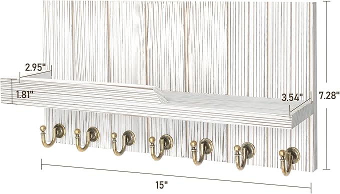 Rebee Vision Farmhouse Key and Mail Holder for Wall - Decorative Mail Organizer Wall Mount with 7 Hooks and Mounting Hardware - Elegant Key Hanger for Entryway and Home Wall Decor (Whitewash,15-inch)