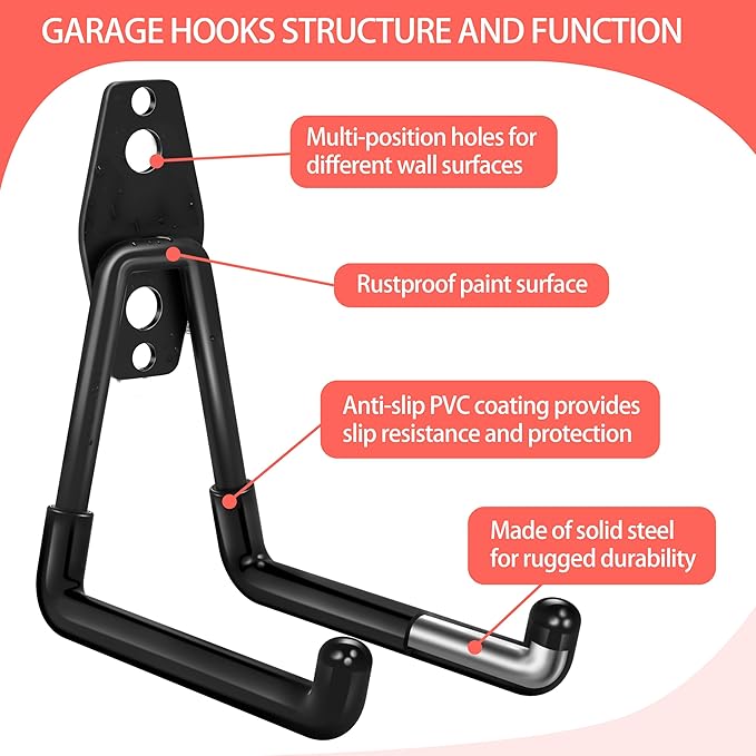 18 Pack Garage Hooks Heavy Duty - Anti-Slip Coating， Garage Storage Hooks for Hanging Bike，Ladder，Garden Tools，Hose