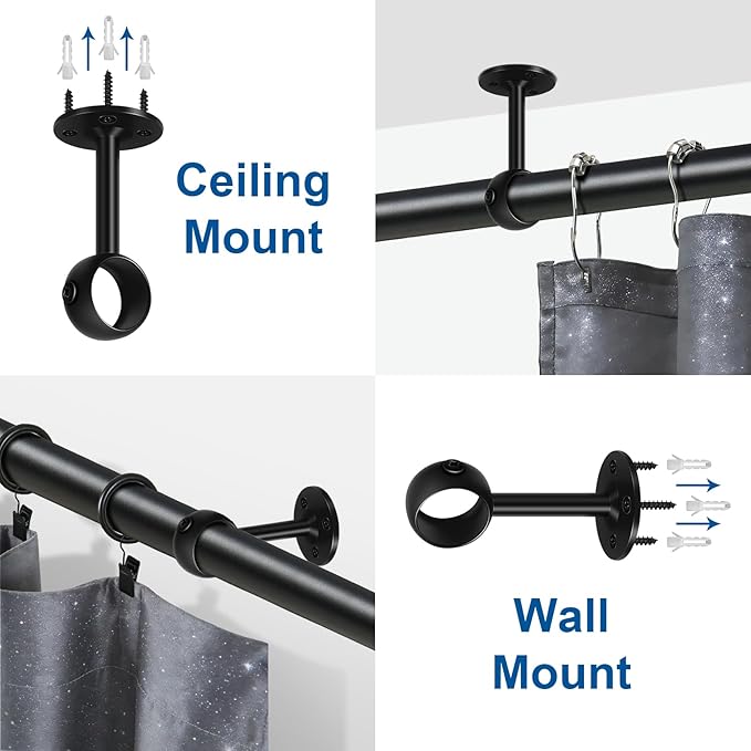 TOKPLNU Curtain Rod Brackets, Ceiling Heavy Duty Holders, Black 4 Pack Hooks Hangers for 1 1/4-Inch Drape Poles