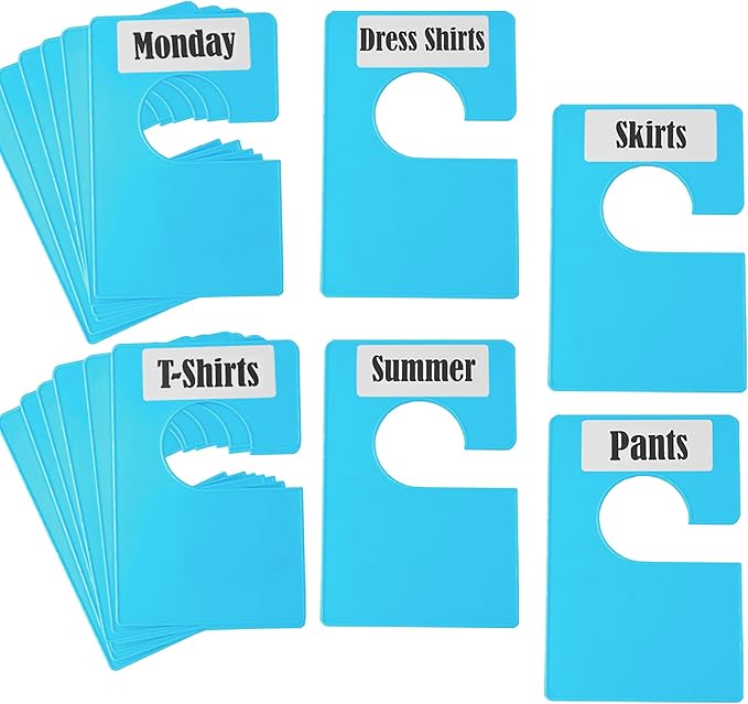16 Pack White Clothing Rack Size Dividers Plus 45 Labels (1 Inch) and 18 Large Blank Labels, Large Rectangular Clothing Closet Dividers (Blue)