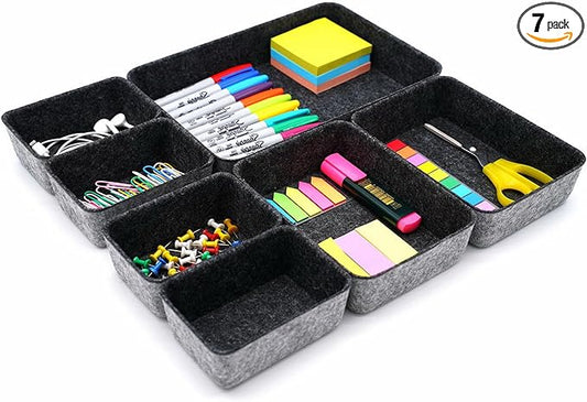 Welaxy Drawer organizers tray felt storage bin office Shallow Small Desk box Draw dividers stylish interior room decor 7-piece (Charcoal)