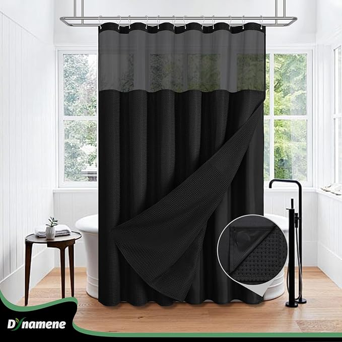 Dynamene Fabric Shower Curtain with Snap in Liner, Black Waffle Hotel Shower Curtains for Bathroom, Washable Waterproof Cloth Shower Curtain Liner Set with Plastic Hooks, Mesh Top Window, 72x72