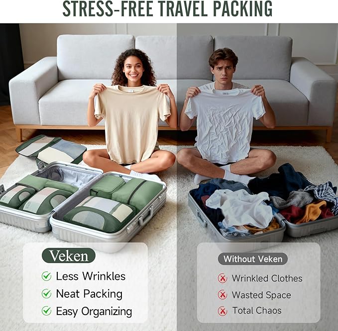 Veken 8 Set Packing Cubes for Travel Essentials, Suitcase Organizer Bags in 4 Sizes, Carry-On Luggage Accessories with Large Laundry & Shoes Bag, Must-Have for Airplane, Road Trip & Camping
