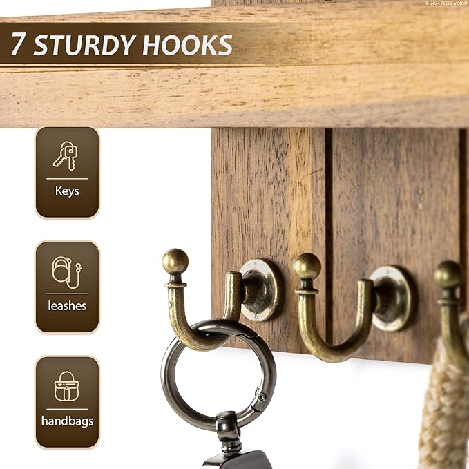 Rebee Vision Acacia Wood Key Holder Wall Mount for Home Decor - Key Holder for Wall with Floating Shelf for Hanging Coats & Hats - to Elevate Farmhouse Decor (Acacia Wood, 3.54''×15''×7.28'')