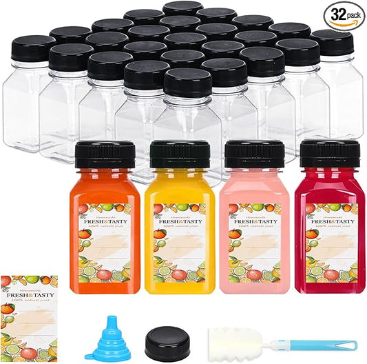 TOMNK 32pcs Juice Bottles with Caps, 4oz Plastic Containers with Lids Empty Reusable Clear Ginger Shots Bottles with Label, Funnel, and Brush Beverage for Juicing, Smoothies, Drinking, Fridge
