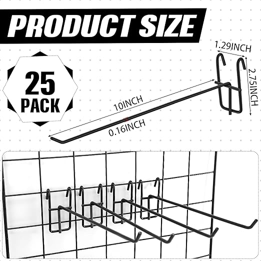 Moxweyeni 10 Inch Grid Wall Hooks 25 Pcs Gridwall Panel Hooks Store Garage Wall Mount Organizers Storage Grid Display Hangers for Retail, Craft Show, Home Setup, Customized Display (Black)