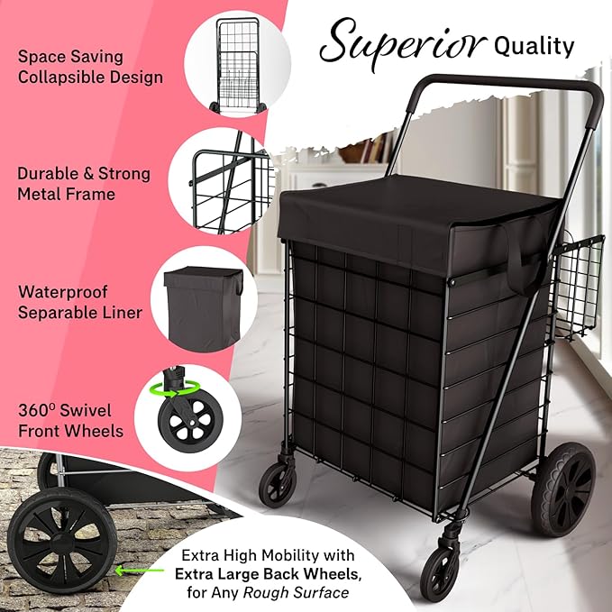 Our Modern Space Shopping Cart w/Waterproof Basket Liner & Large 360° Swivel Wheels | Foldable Collapsible & Lightweight | Perfect for Groceries Laundry Utility Cart - Black
