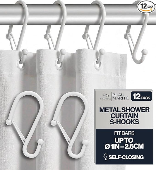 12 Decorative Metal Shower Curtain Hooks, S-Shaped Hooks with Anti-Fall System, Rust-Proof Shower Rings with Safety Buckle, Fits Rods Up to 1-Inch Diameter (S, White)