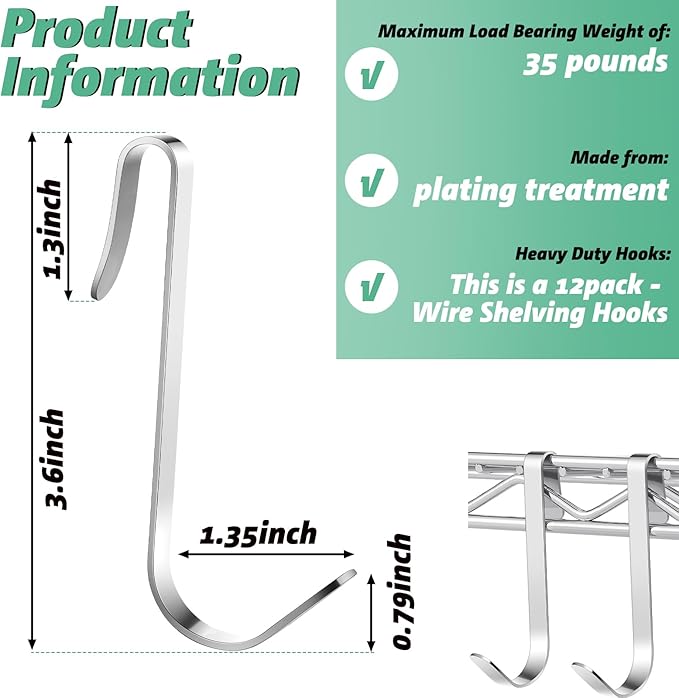 Yaocom 12 Pcs J Hook for Wire Shelving 3.6 Inch Large Heavy Duty Metal Shelf Hooks for Wire Shelves Racks Closet Shelving Accessories (Silver)