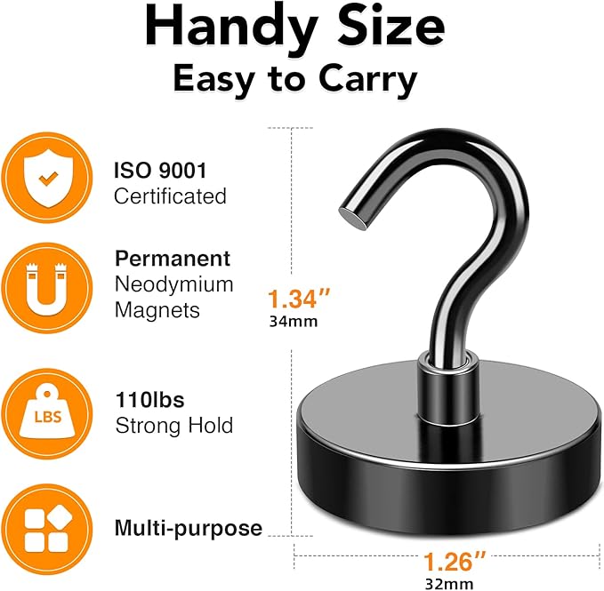 MIKEDE Black Magnetic Hooks 120Lbs Heavy Duty Earth Magnets with Hooks for Cruise Cabin Strong Magnet Hooks for Hanging Super Metal Magnetic Hanger for Grill Fridge Kitchen - Pack of 4