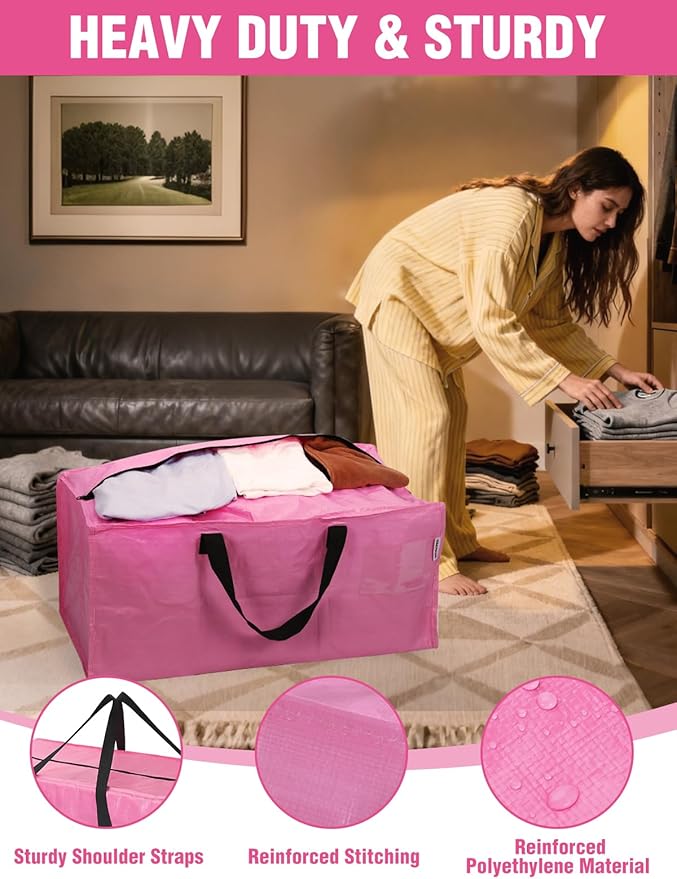 WORKPRO 8 Pack Extra Large Moving Bags with Zippers & Carrying Handles Backpack Straps, Heavy-Duty Storage Tote for Space Saving Moving Storage (Pink)